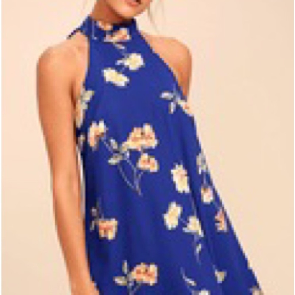 Lulus Floral Halter Neck Swing Dress - Blue